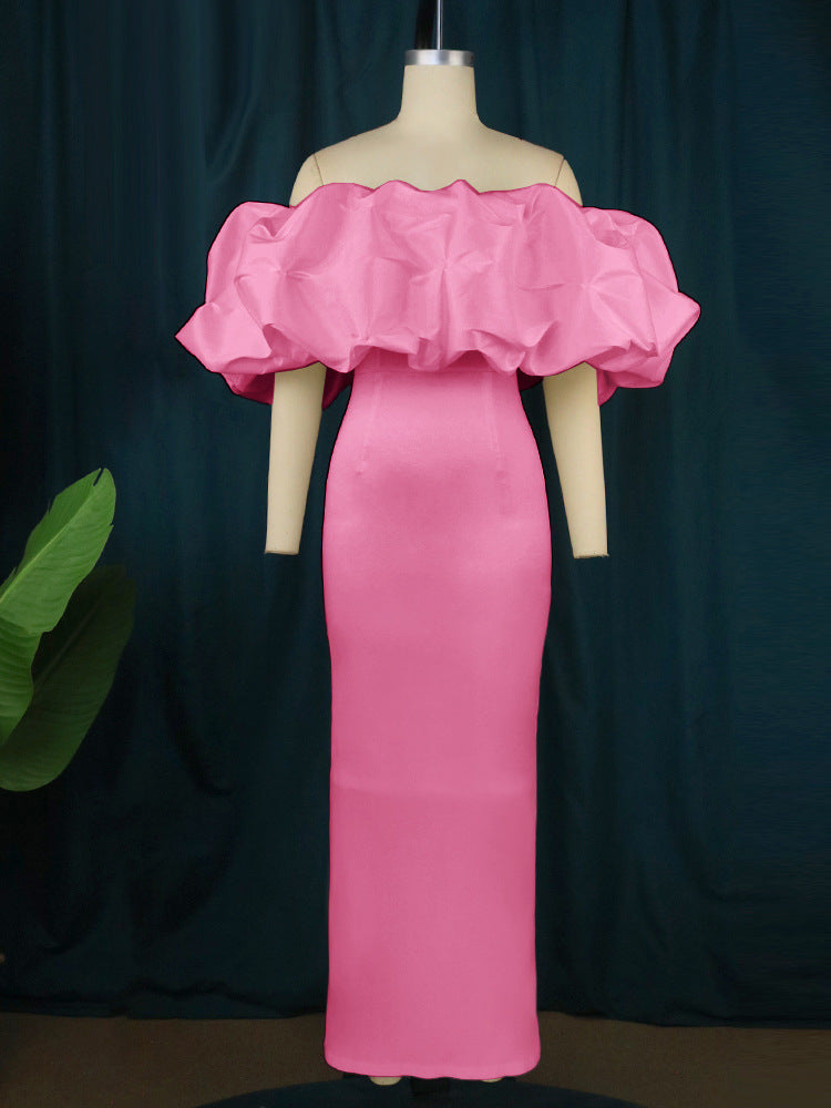 Damen Elegantes Off-Shoulder Maxikleid mit voluminösen Rüschensäumen Drune