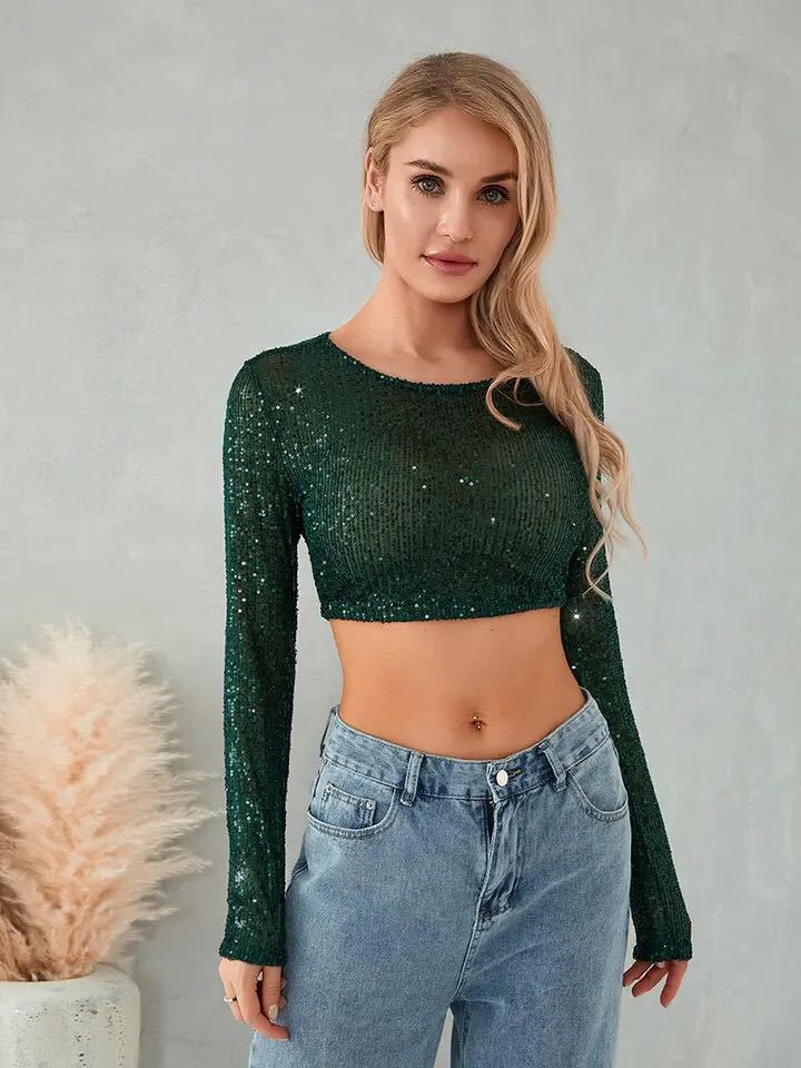 Damen Glitzerndes Crop-Top mit langen Ärmeln und figurbetontem Schnitt Drune