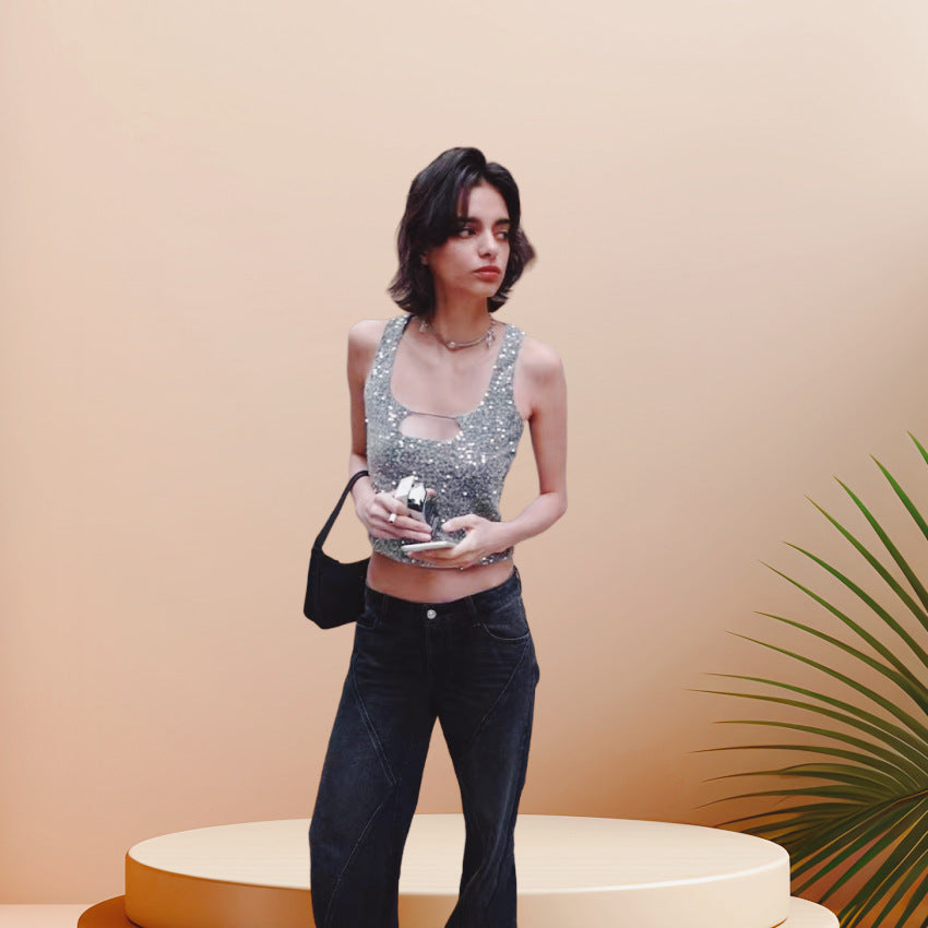 Damen Glitzerndes Crop-Top mit schimmerndem Effekt und scoop-cut Ausschnitt Drune