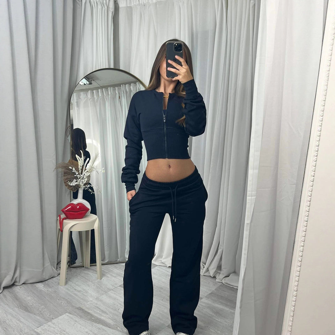 Damen cropped Kapuzenjacke und entspannte Jogginghose Set Drune