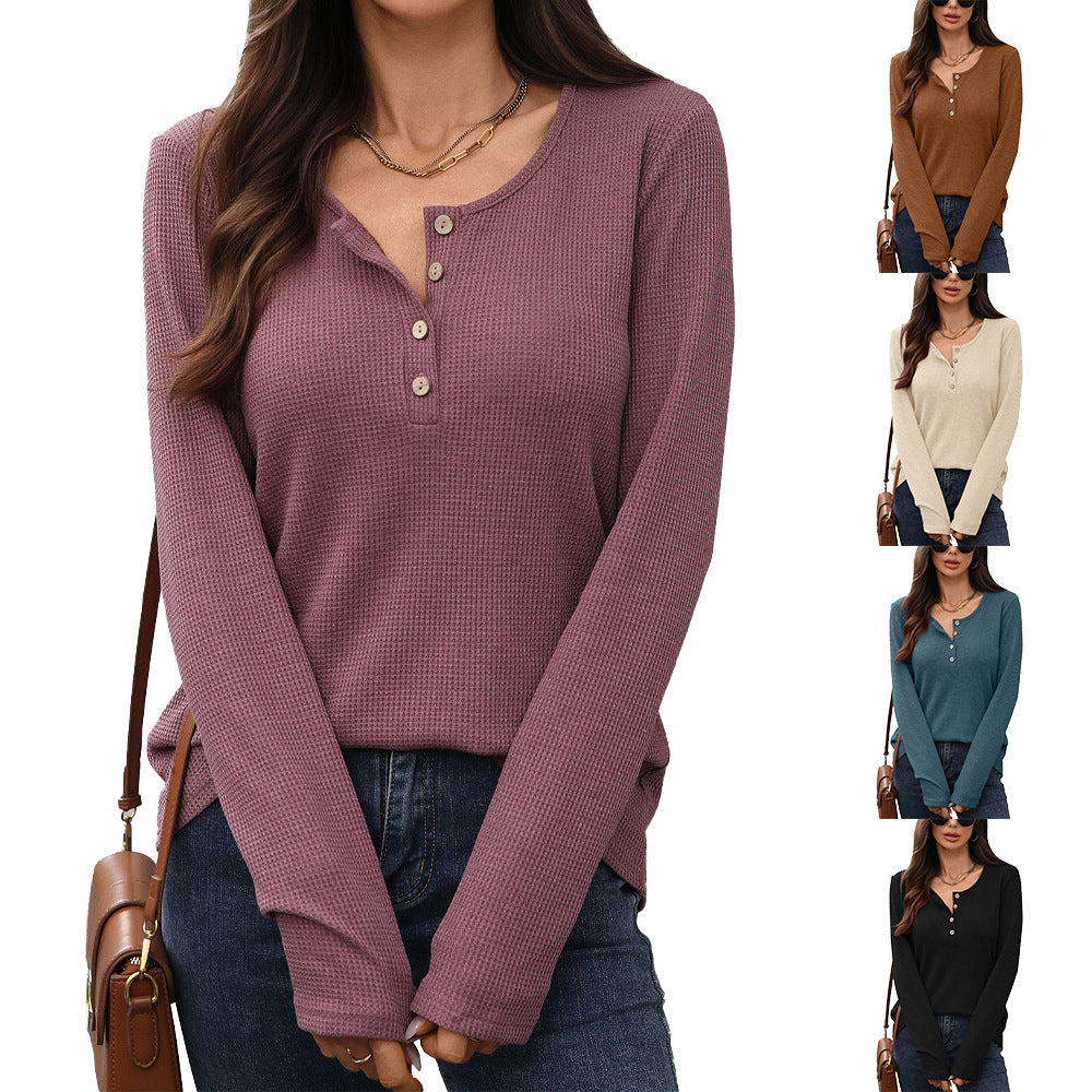 Damen Waffelstrick Langarmshirt mit Knopfleiste Drune