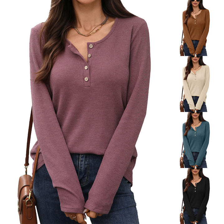 Damen Waffelstrick Langarmshirt mit Knopfleiste Drune