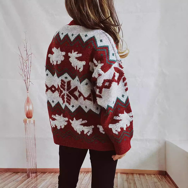 Damen festlicher Strickpullover mit weihnachtlichem Design und hohem Kragen Drune