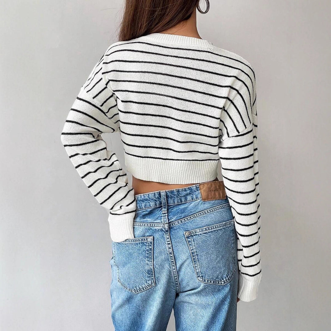 Damen cropped Streifenpullover mit lässigem Schnitt und modernem Rundhalsausschnitt Drune
