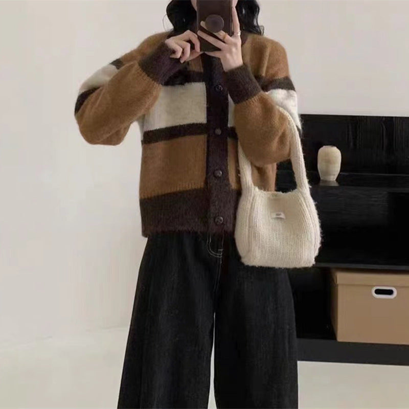 Damen Gemütlicher Strickcardigan mit modischem Streifenmuster und Knopfverschluss Drune