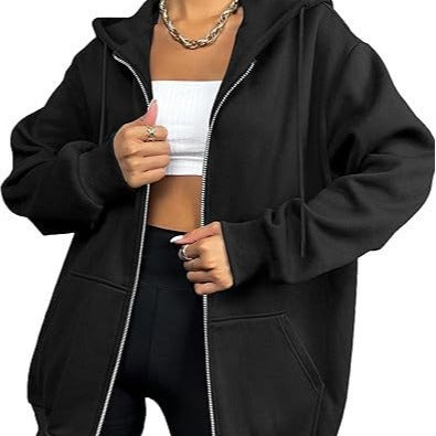 Damen nan oversized Zip-Kapuzenjacke mit kontrastierendem Reißverschluss, doppellagiger Kapuze und Kängurutasche Drune