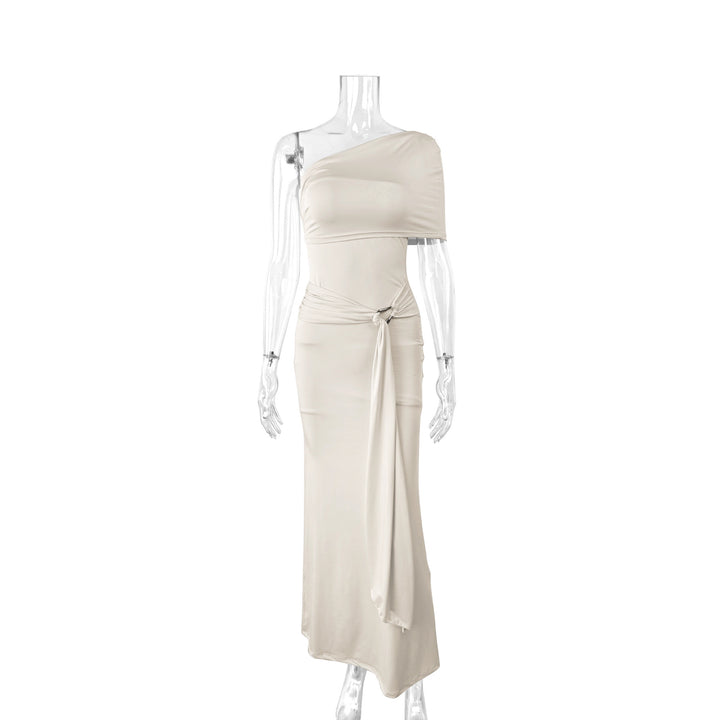 Damen Elegantes One-Shoulder Maxikleid mit figurbetonendem Schnitt und verspieltem Bindeband Drune
