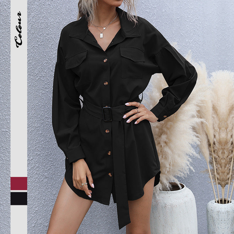 Damen Hemdblusenkleid mit modischem Gürtel Drune
