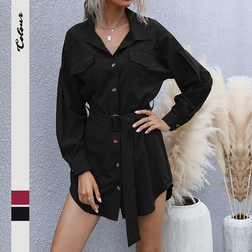 Damen Hemdblusenkleid mit modischem Gürtel Drune