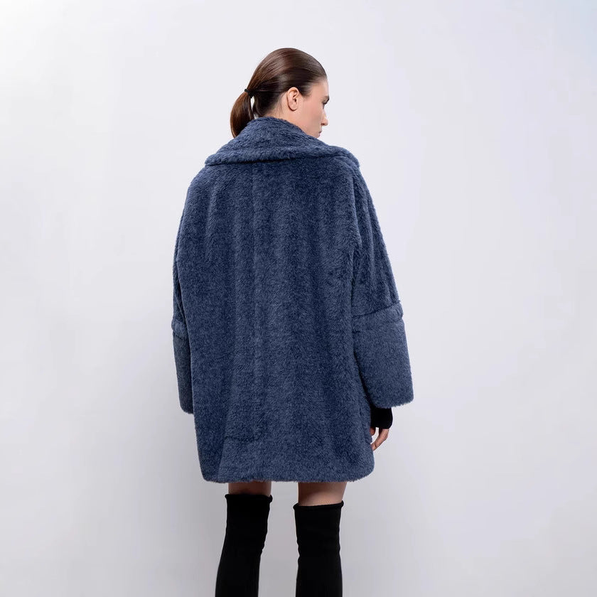 Damen kuscheliger Mantel mit breitem Revers und aufgesetzten Taschen Drune