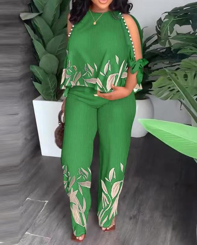 Damen Elegant gestaltetes Sommeroutfit mit floralem Design und Schulterfreiem Oberteil Drune