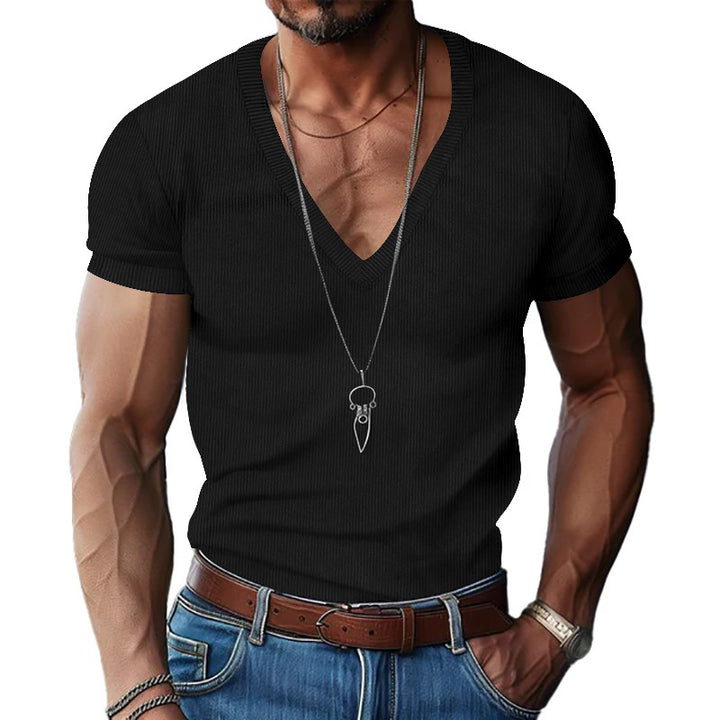 Herren nan strukturiertes V-Ausschnitt-Rippjersey-Shirt mit kurzem Arm und körpernaher Passform Drune