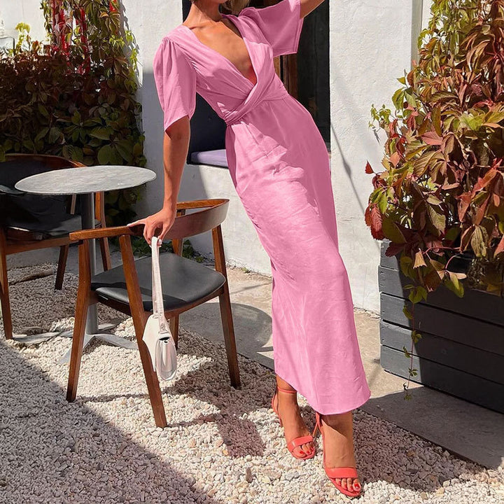 Damen Maxikleid mit tiefem V-Ausschnitt und Puffärmeln Drune