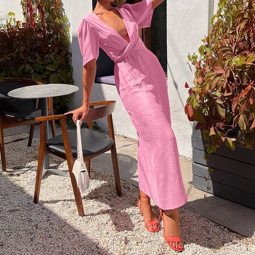Damen Maxikleid mit tiefem V-Ausschnitt und Puffärmeln Drune