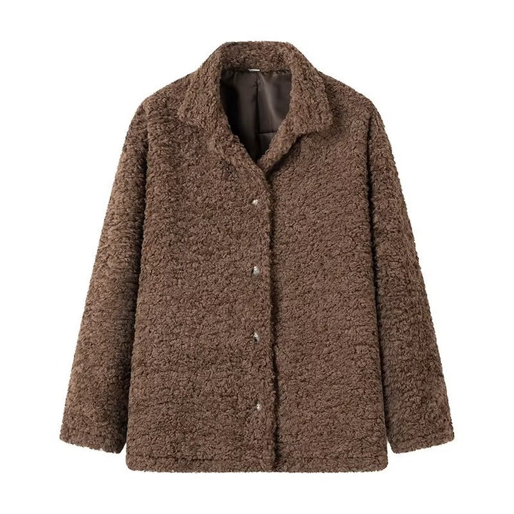 Damen kuschelige Fleecejacke mit Knopfverschluss und hohen Kragen Drune