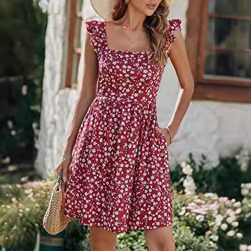 Damen Sommerkleid mit Rüschenärmeln und Schlitz Drune