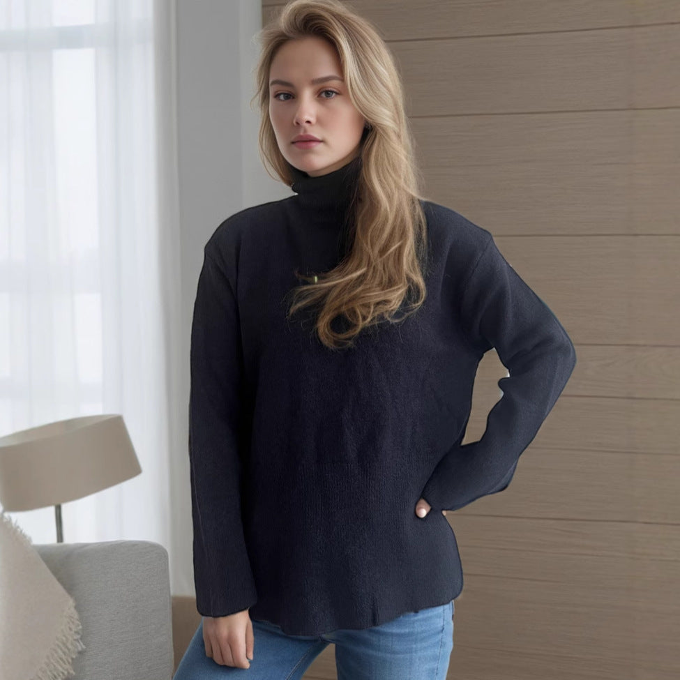 Damen lässiger Pullover mit hohem Kragen und praktischen Seitentaschen Drune