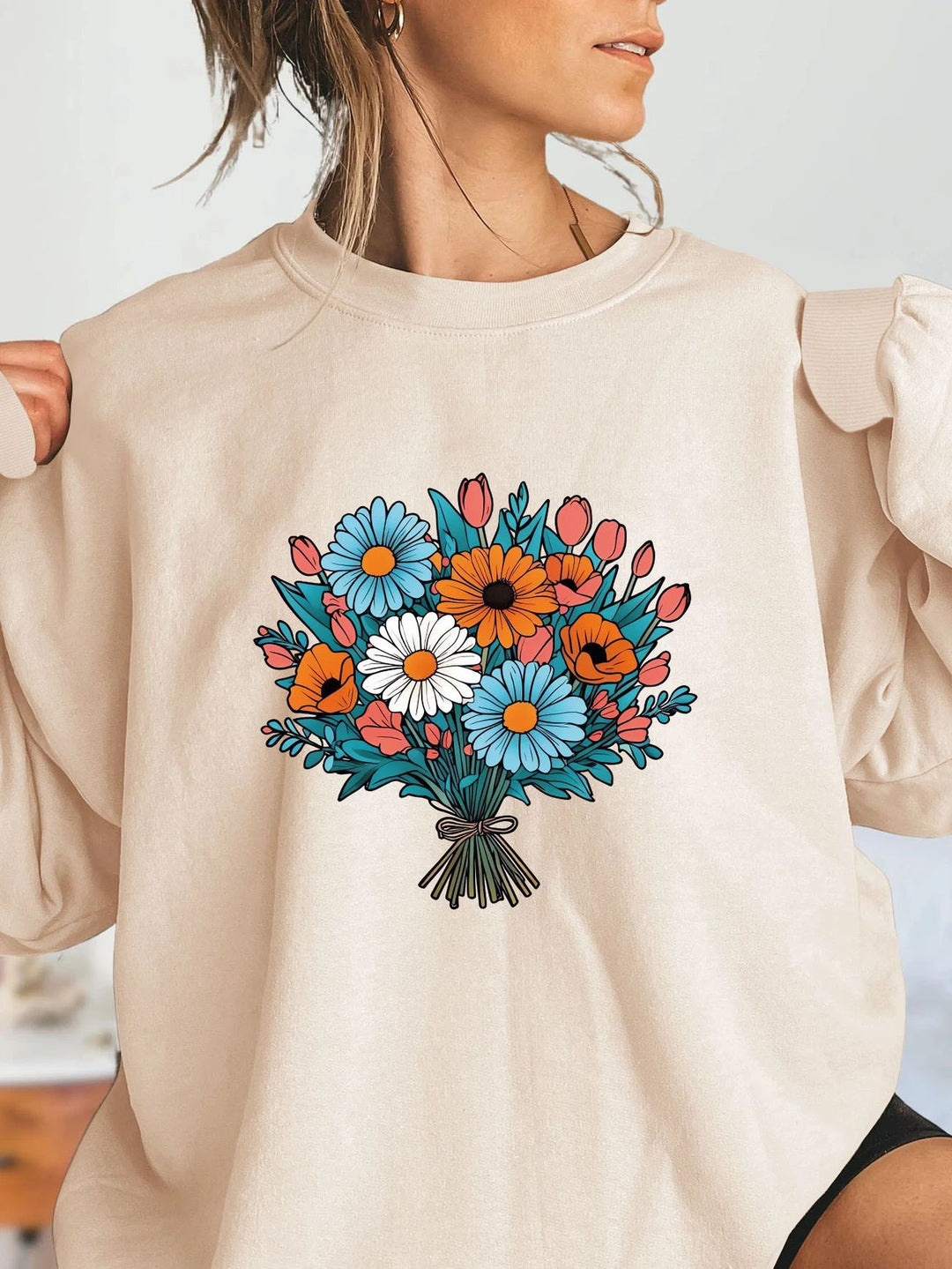 Damen Oversized Sweatshirt mit floralen Grafikdetails Drune