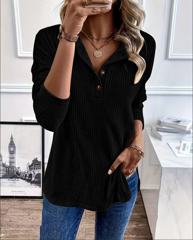 Damen Freizeit-Ripp-Pullover mit Knopfleiste und 3/4-Ärmeln Drune