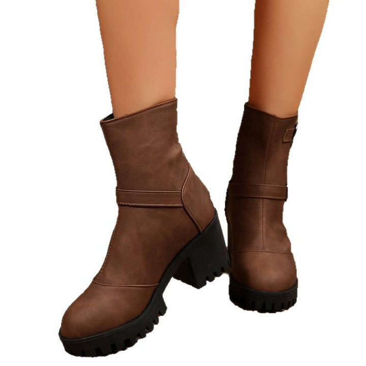 Damen nan klobige Biker-Ankleboots mit Profilsohle, dekorativen Doppelschnallen und seitlichem Reißverschluss Drune