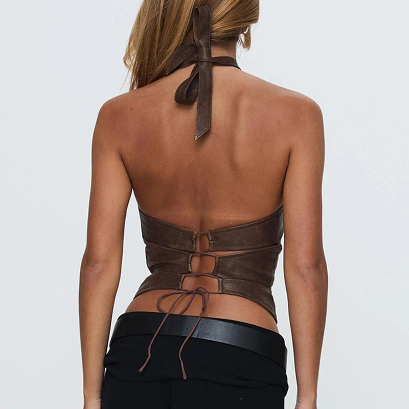 Damen Oberteil aus hochwertigem Kunstleder mit raffiniertem Halter-Design Drune