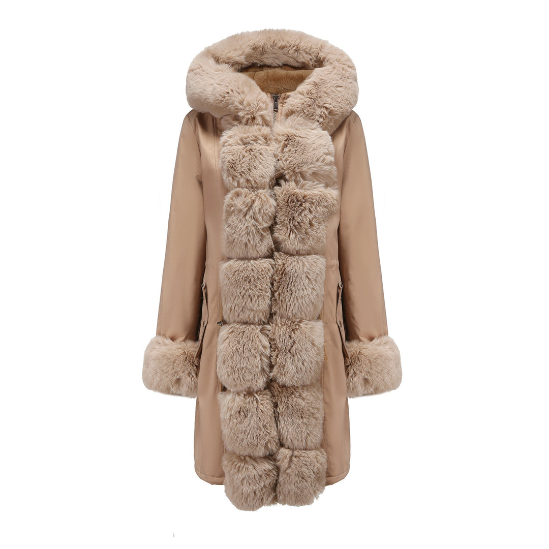 Damen modische Lange Jacke mit Kunstfellbesatz Drune
