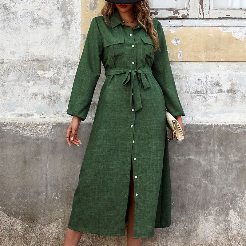 Damen Langarm Hemdblusenkleid mit taillierbarem Bindegürtel und schickem Schlitz Drune