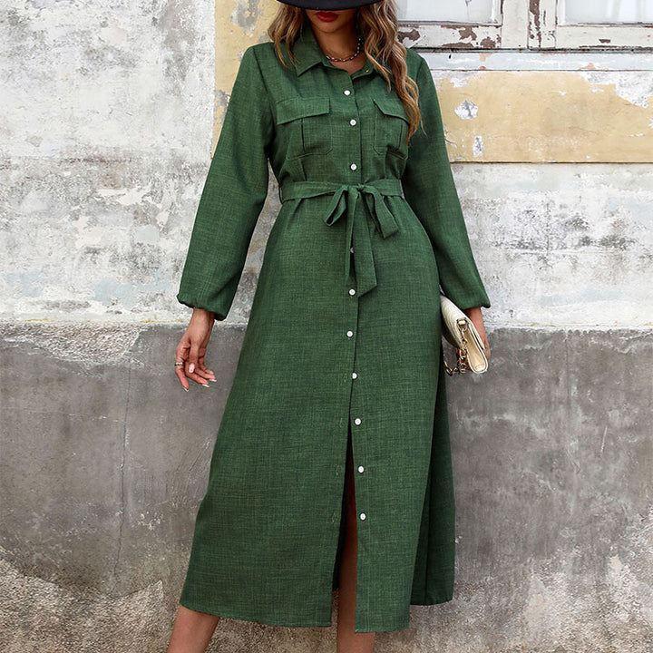 Damen Langarm Hemdblusenkleid mit taillierbarem Bindegürtel und schickem Schlitz Drune