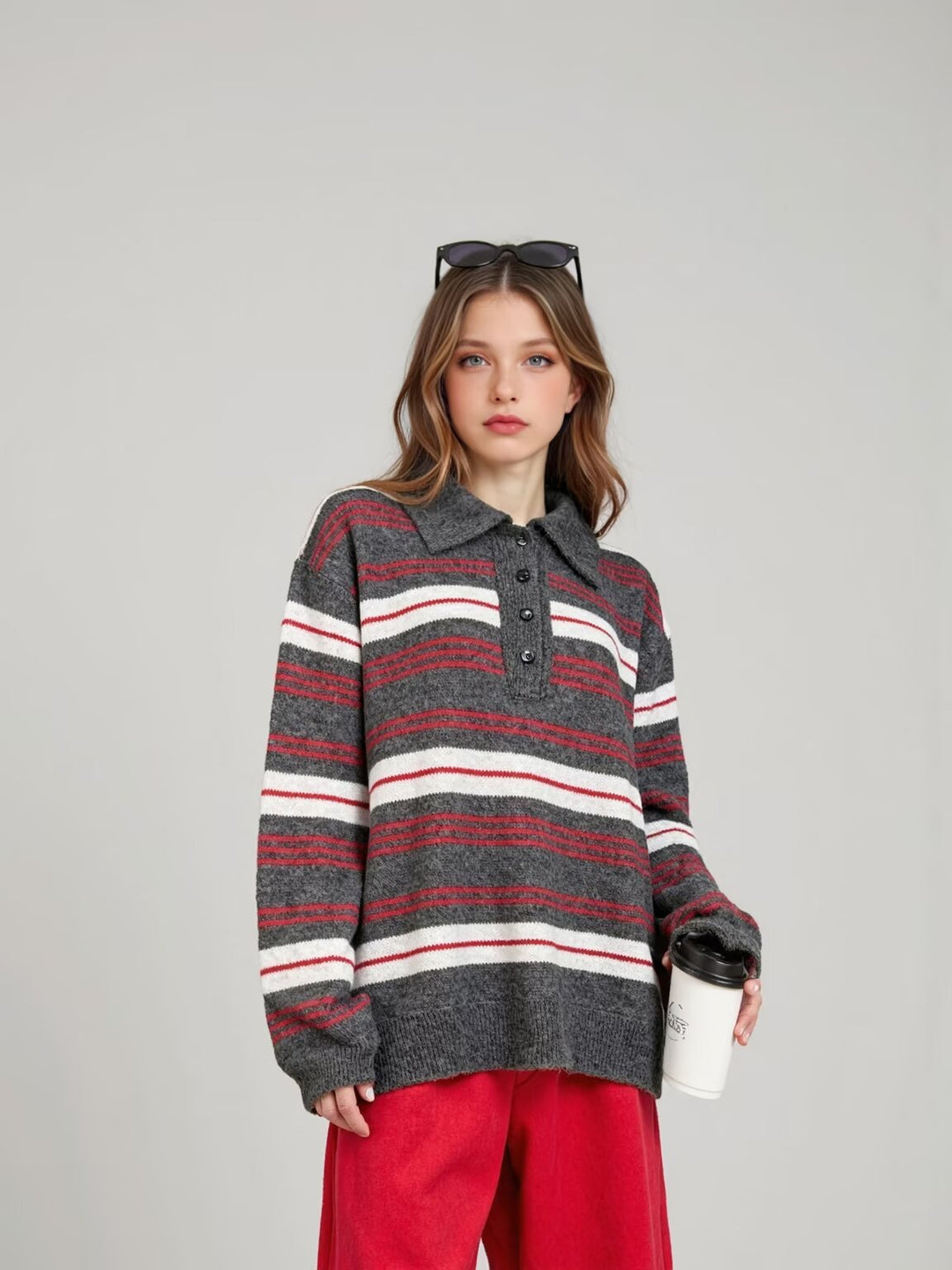 Damen modischer Strickpullover mit Polokragen und Streifenmuster Drune