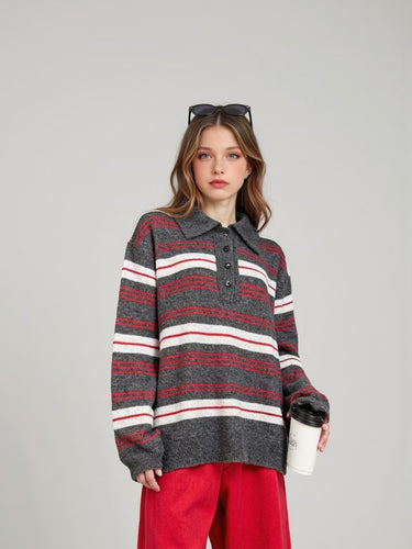 Damen modischer Strickpullover mit Polokragen und Streifenmuster Drune