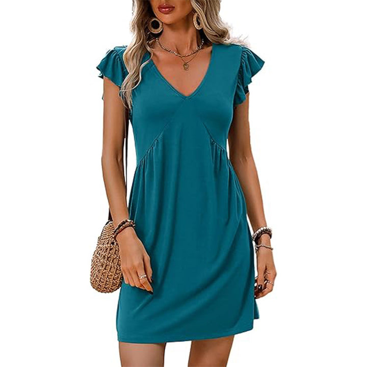 Damen V-Ausschnitt Sommerkleid mit Rüschenelementen Drune