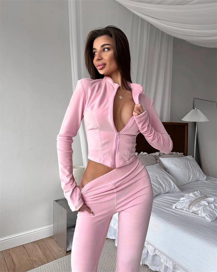 Damen lässiger Fleece-Jumpsuit mit hohem Kragen und weitem Bein Drune