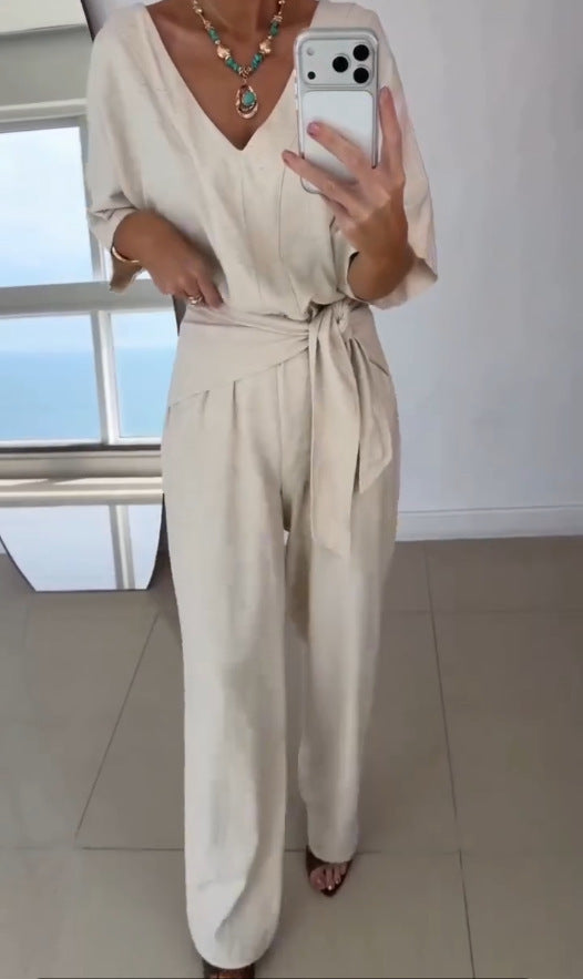 Damen Eleganter Jumpsuit mit tailliertem Schnitt und Wickelgürtel Drune