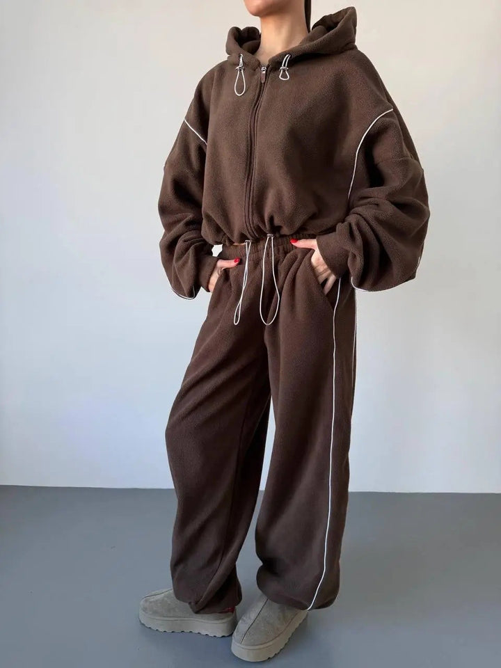 Damen lässiger Kapuzen-Sweatanzug mit weiten Hosen und seitlichem Streifen Drune