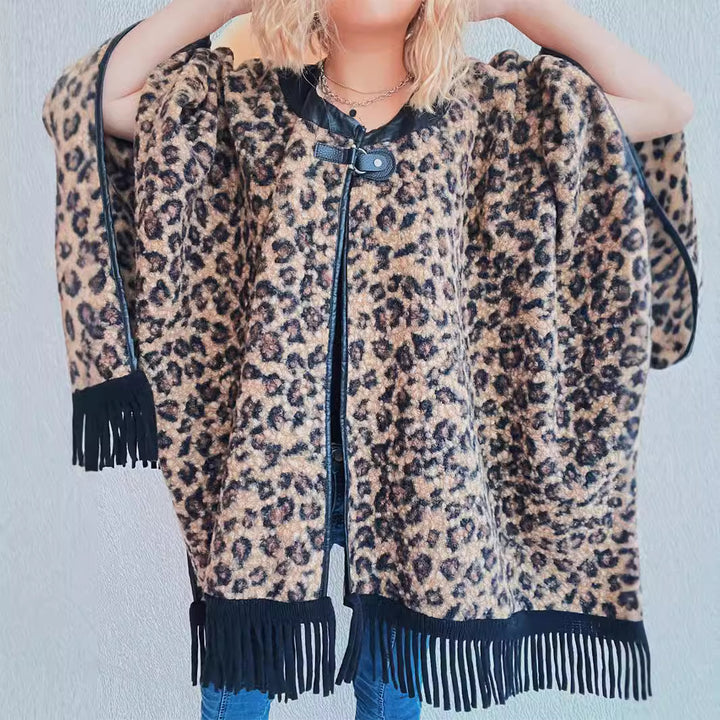 Damen modischer Poncho mit Fransen und tierischem Print Drune