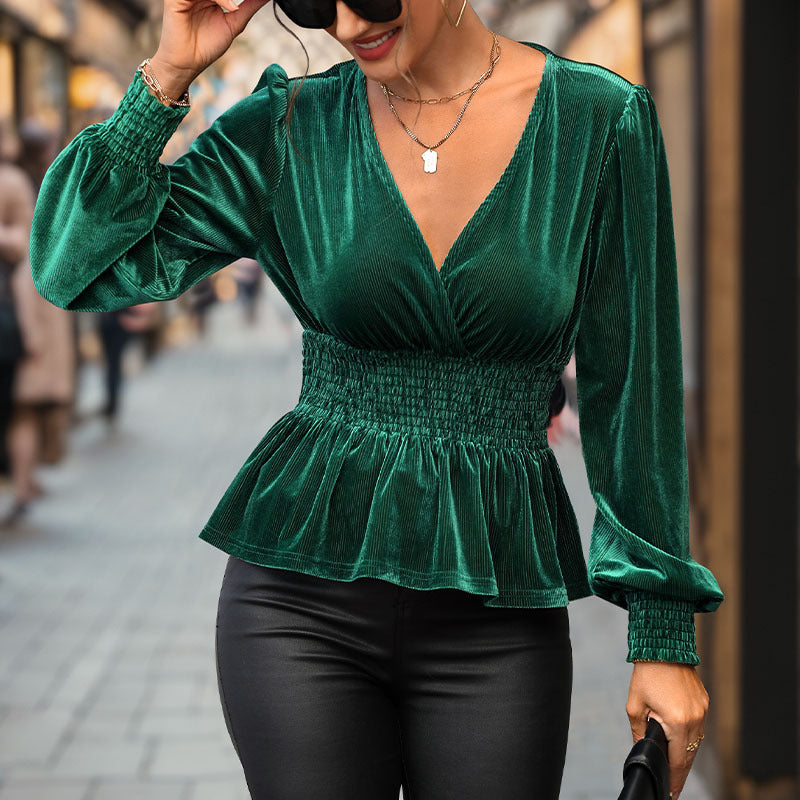 Damen elegante V-Pullover mit gerafftem Taillendesign und langen Ärmeln Drune