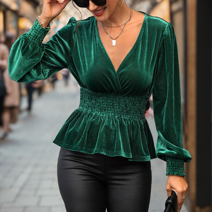 Damen elegante V-Pullover mit gerafftem Taillendesign und langen Ärmeln Drune