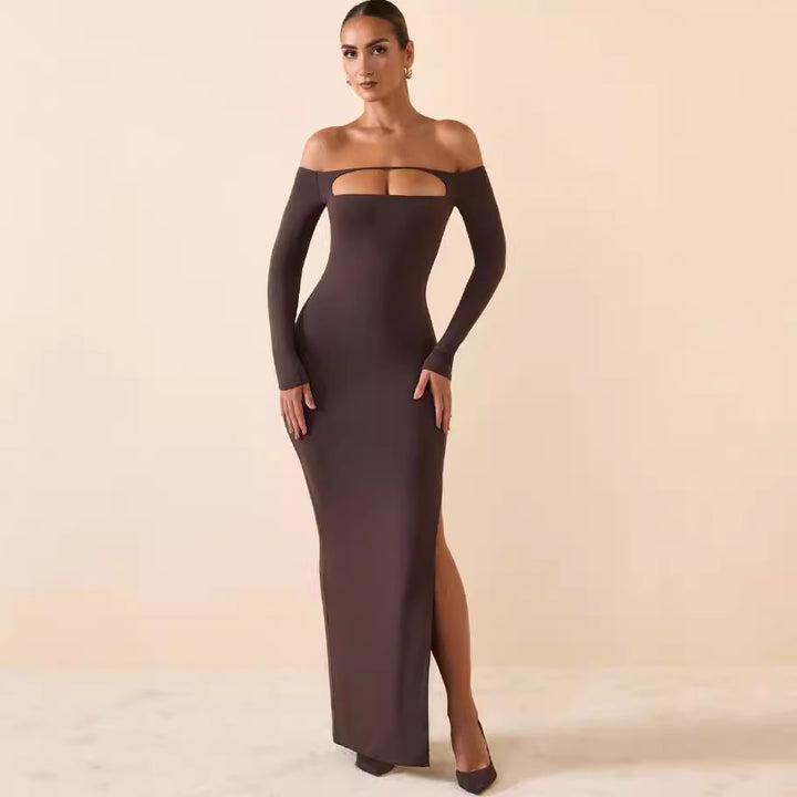 Damen Figurbetontes Langarmkleid mit Cut-Out-Design und schulterfreiem Stil Drune