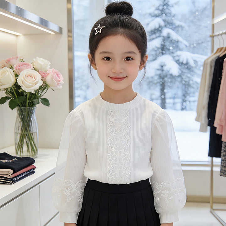 Mädchen elegante Bluse mit transparenten Puffärmeln und zarter Blumenstickerei Drune