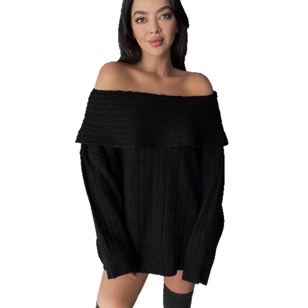 Damen Off-Shoulder Strickpullover mit Rippstruktur und weit geschnittenen Ärmeln Drune