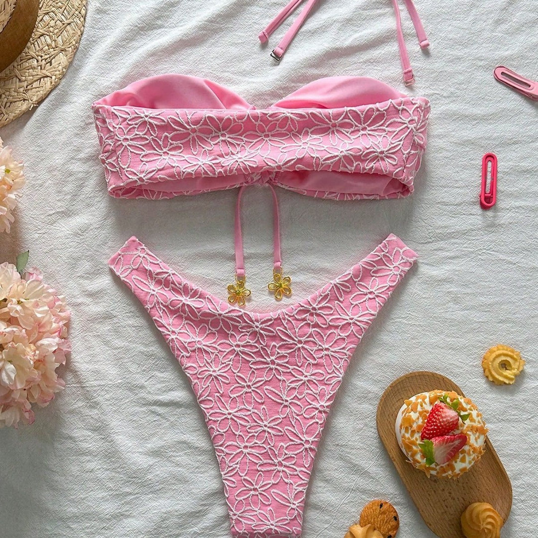 Damen Bandeau-Bikini mit floralen Applikationen Drune