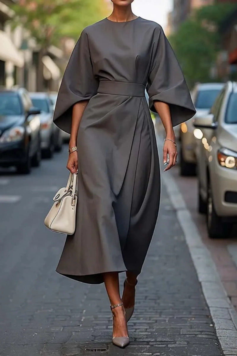 Damen elegantes Maxikleid mit oversized Ärmeln und tailliertem Gürtel Drune