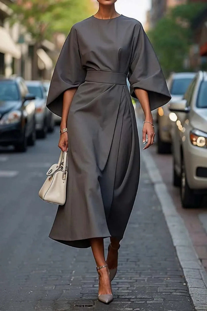 Damen elegantes Maxikleid mit oversized Ärmeln und tailliertem Gürtel Drune