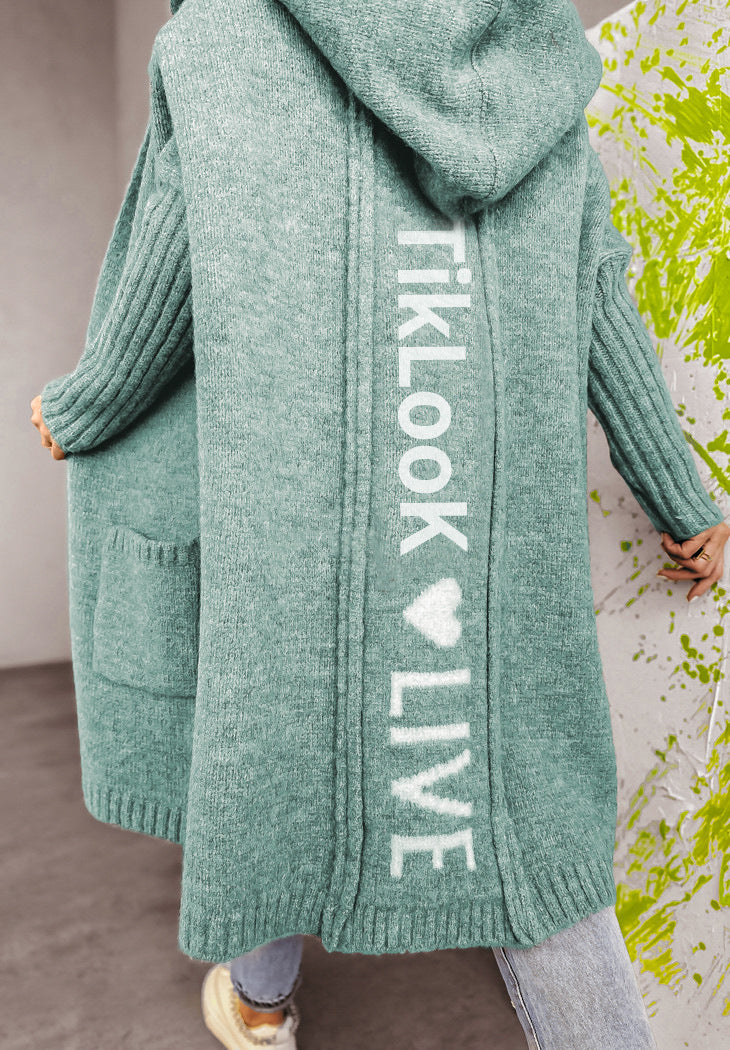 Damen Strickjacke mit Kapuze und innovativem Schriftzug Drune