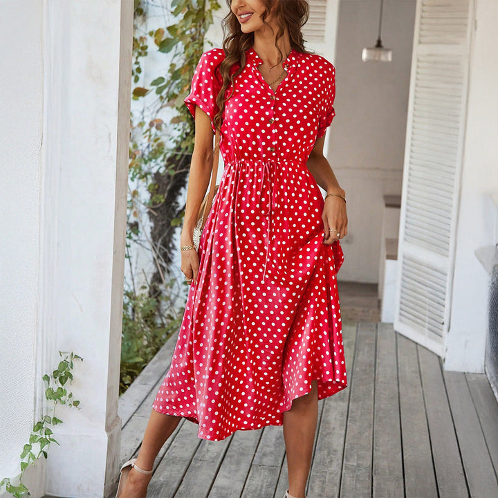Damen Elegantes Hemdblusenkleid mit tailliertem Design und Polka-Dots Drune