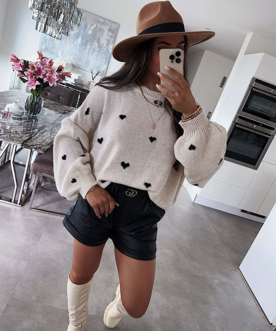 Damen lässiger Strickpullover mit herzförmigen Mustern und angeschnittenen Ärmeln Drune