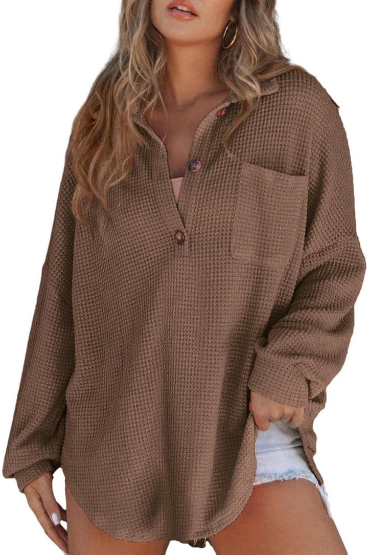 Damen lässiges Waffelshirt mit Knopfdetails und Taschen Drune