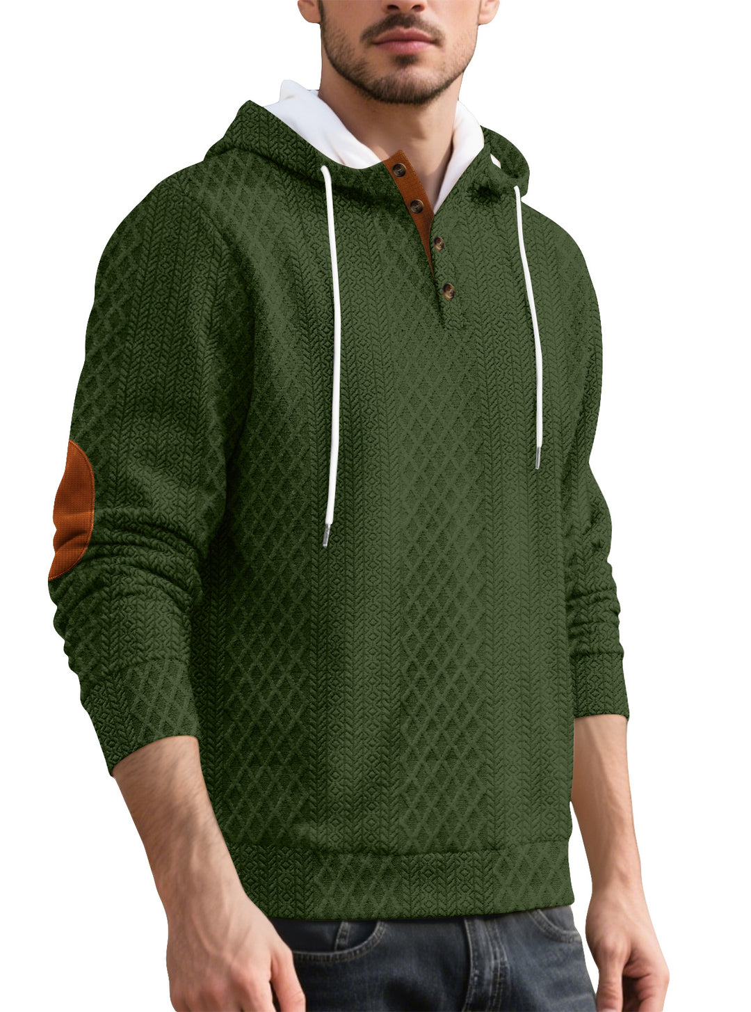 Herren nan Diamond-Struktur Kapuzenpullover mit Kurzknopfleiste, gesteppter Kapuzeninnenkante und Wildleder-Ellbogenpatch Drune