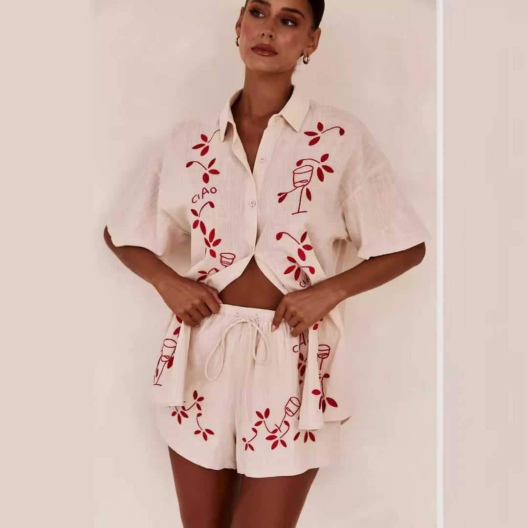 Damen Luftiges Kurzarmhemd und Shorts Set mit floralem Stickdesign Drune