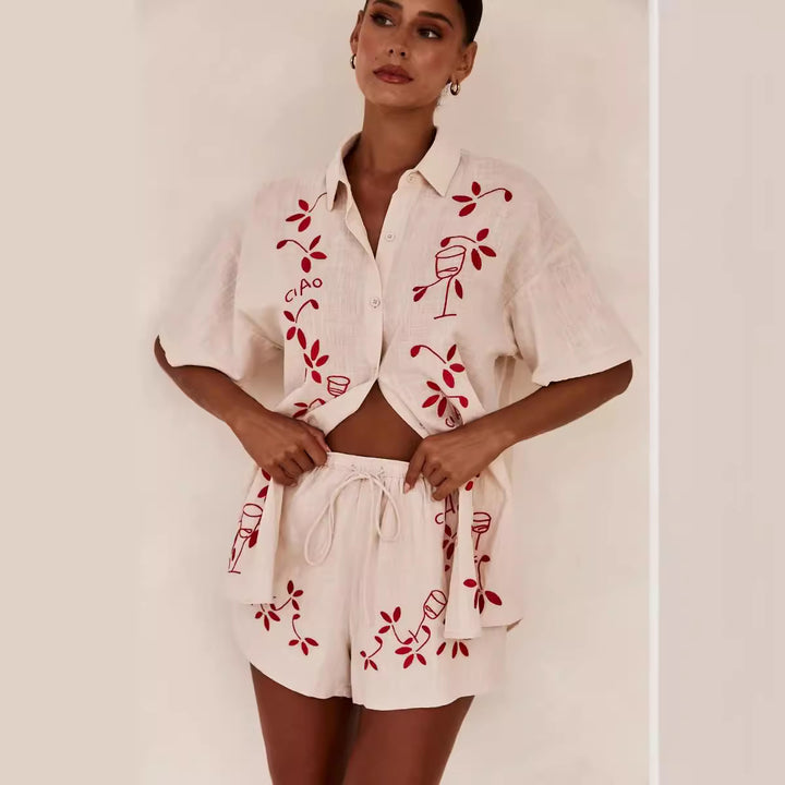 Damen Luftiges Kurzarmhemd und Shorts Set mit floralem Stickdesign Drune